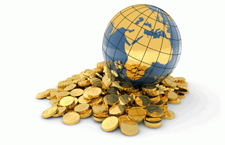 stock photo of globe and gold coins