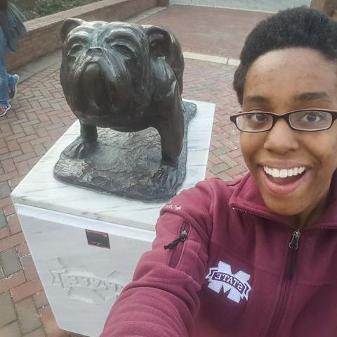 Bethany, UNH Exchange Student with Mississippi State bulldog mascot