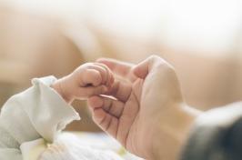 一张大人和婴儿手牵着手的照片